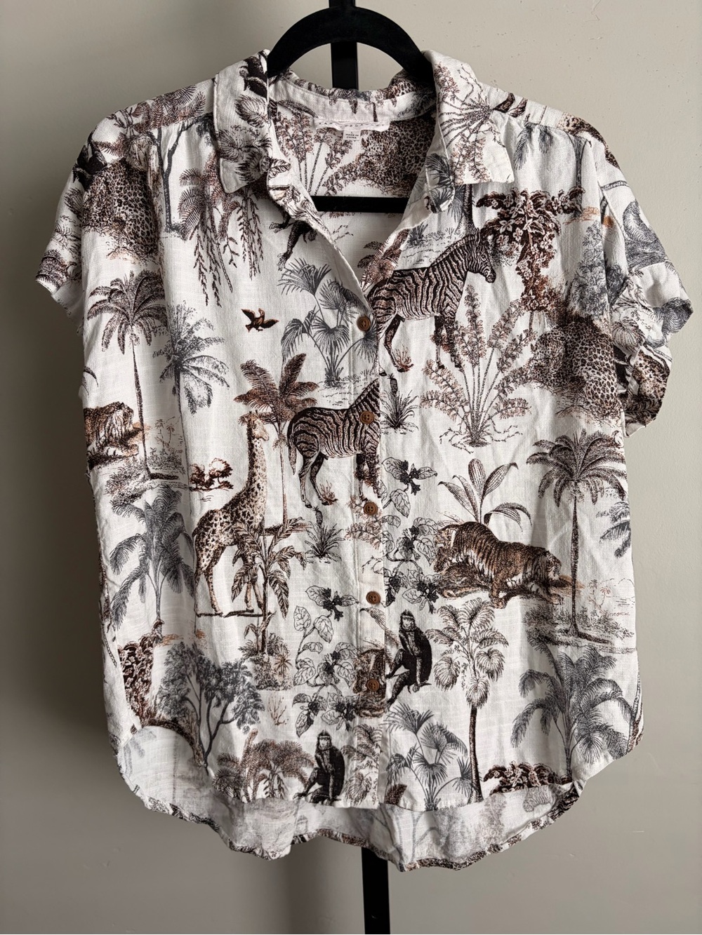 Anthropologie Jane + Delancey Safari Toile Jungle Animal Print Button Up Top L